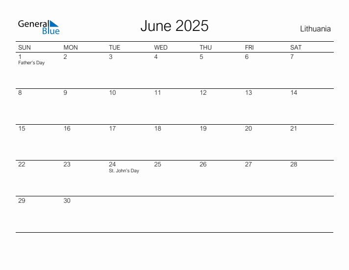 Printable June 2025 Calendar for Lithuania