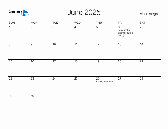 Printable June 2025 Calendar for Montenegro