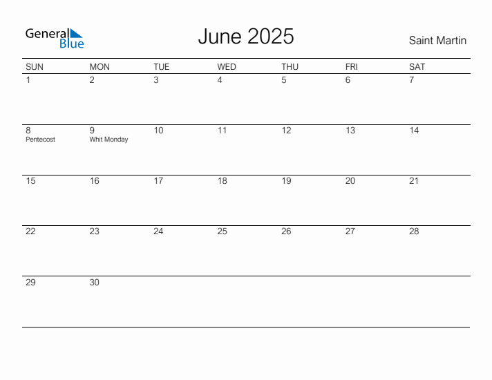 Printable June 2025 Calendar for Saint Martin
