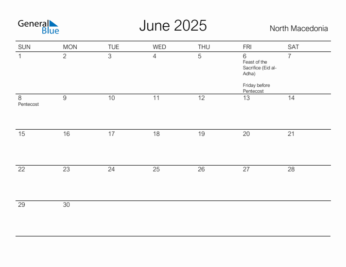 Printable June 2025 Calendar for North Macedonia