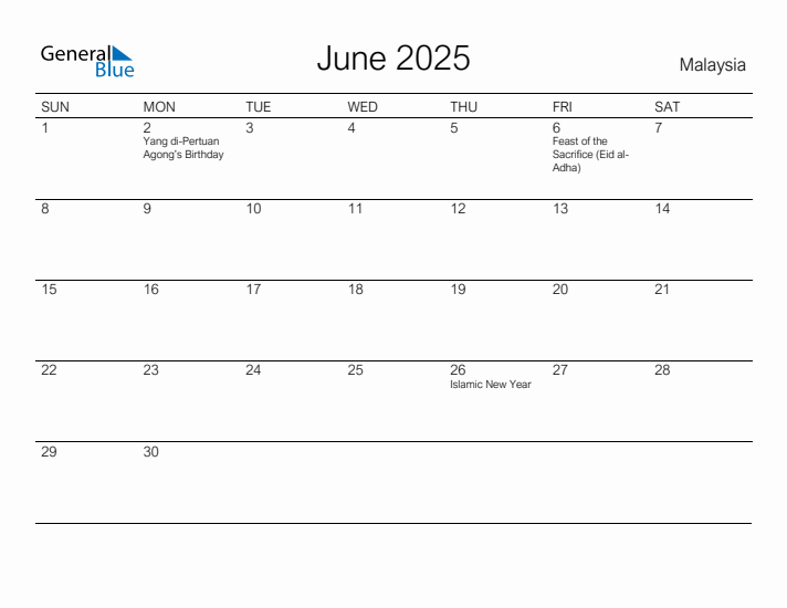 Printable June 2025 Calendar for Malaysia