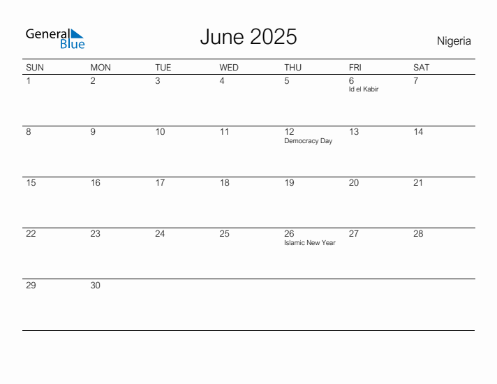 Printable June 2025 Calendar for Nigeria