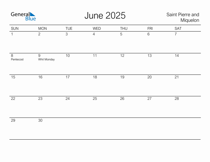 Printable June 2025 Calendar for Saint Pierre and Miquelon