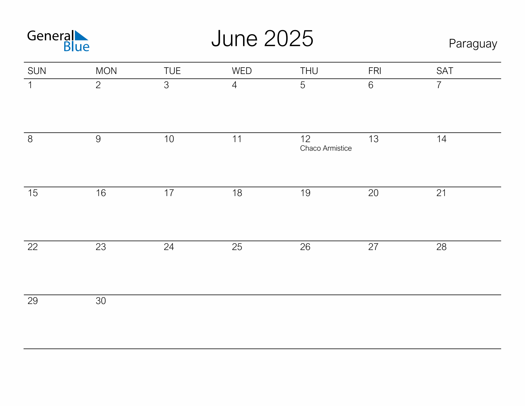 Printable June 2025 Calendar for Paraguay