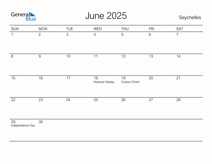 Printable June 2025 Calendar for Seychelles