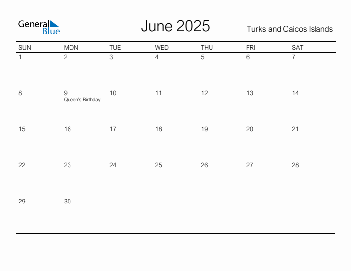 Printable June 2025 Calendar for Turks and Caicos Islands