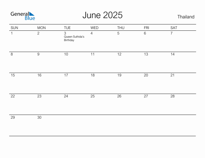 Printable June 2025 Calendar for Thailand
