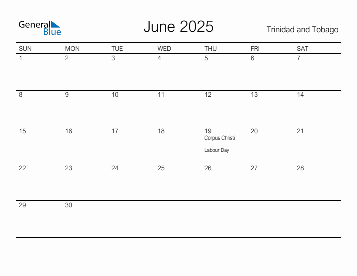 Printable June 2025 Calendar for Trinidad and Tobago