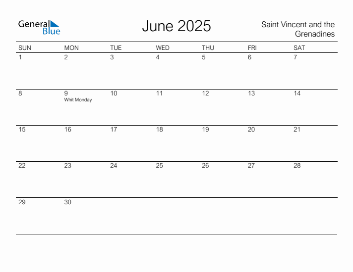 Printable June 2025 Calendar for Saint Vincent and the Grenadines
