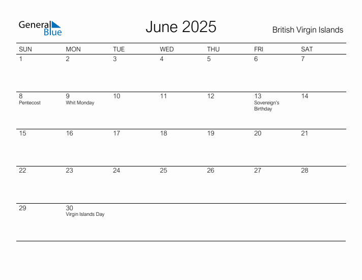 Printable June 2025 Calendar for British Virgin Islands