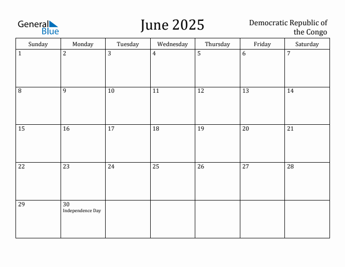 June 2025 Calendar Democratic Republic of the Congo