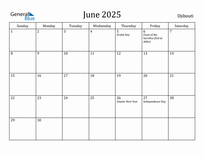 June 2025 Calendar Djibouti