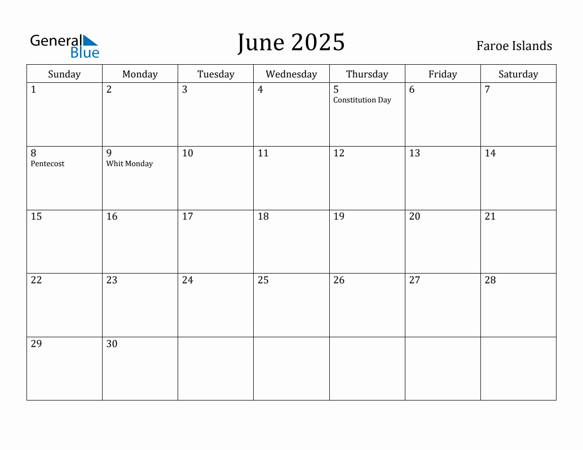 June 2025 Monthly Calendar with Faroe Islands Holidays