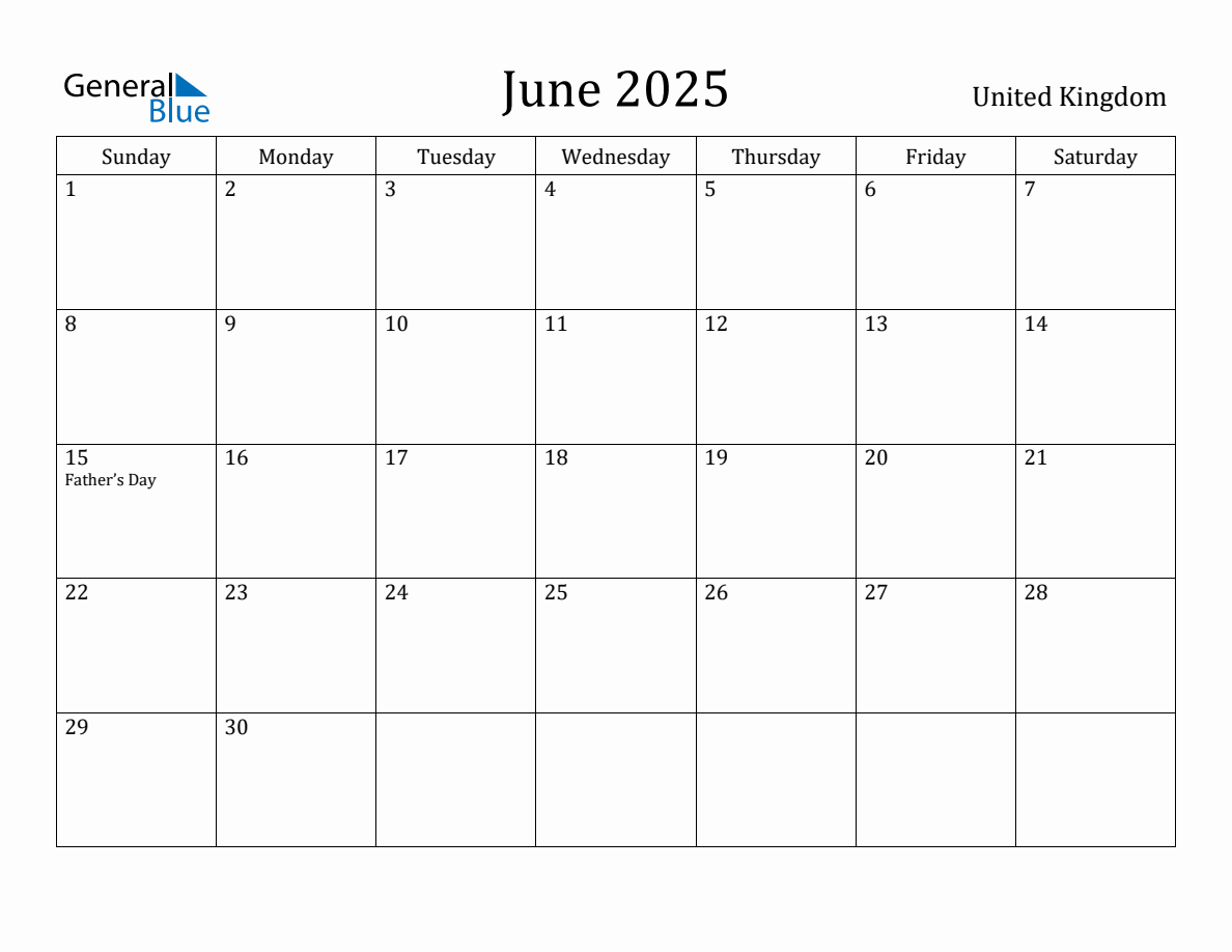 June 2025 monthly calendar with holidays in United Kingdom