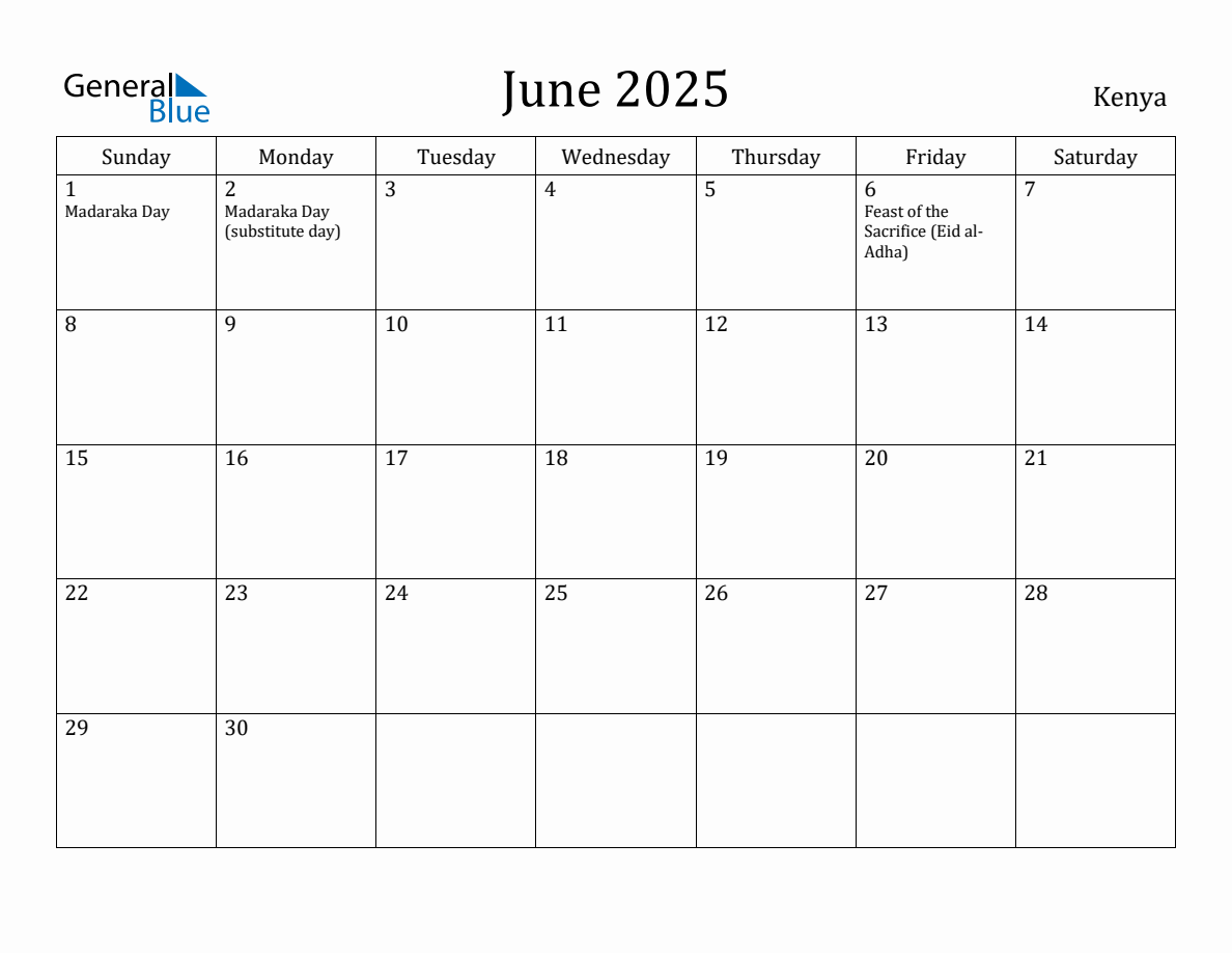 June 2025 monthly calendar with holidays in Kenya