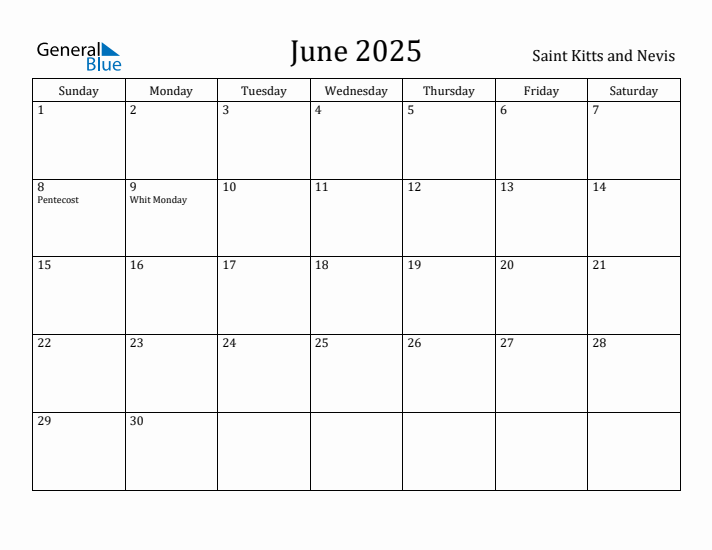 June 2025 Calendar Saint Kitts and Nevis