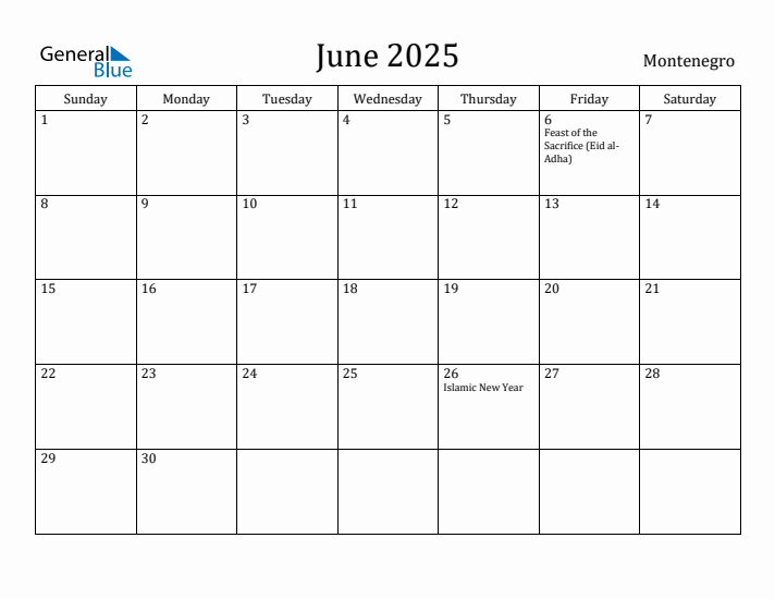 June 2025 Calendar Montenegro