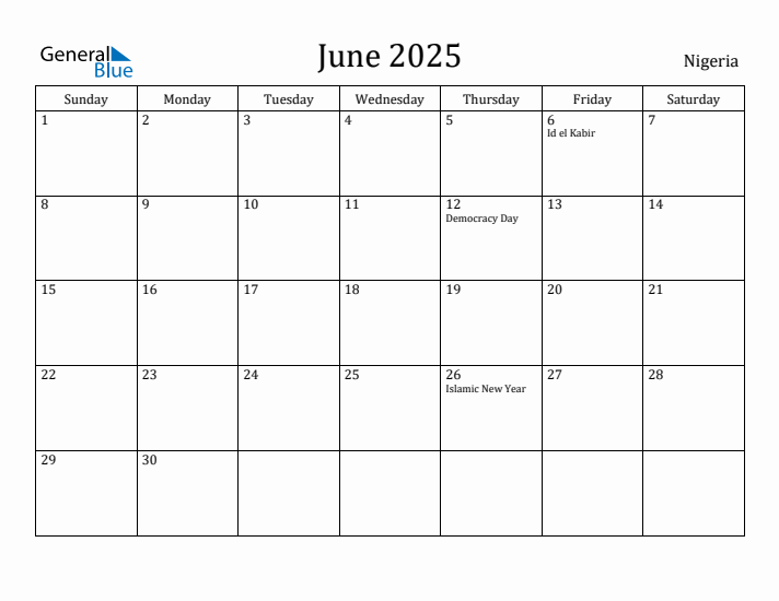 June 2025 Calendar Nigeria