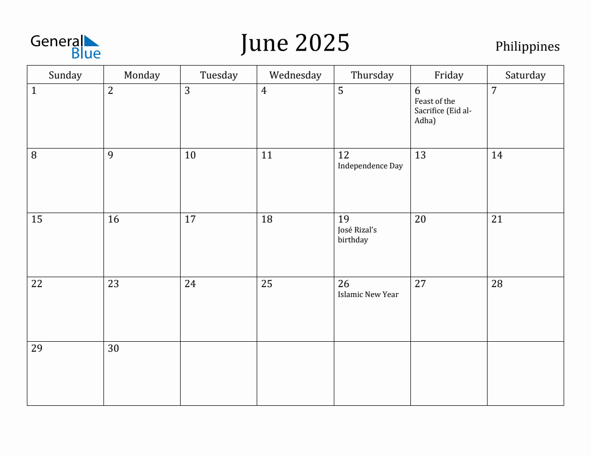 June 2025 monthly calendar with holidays in Philippines