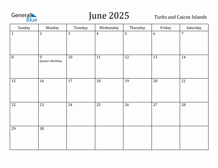 June 2025 Calendar Turks and Caicos Islands