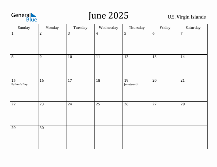 June 2025 Calendar U.S. Virgin Islands