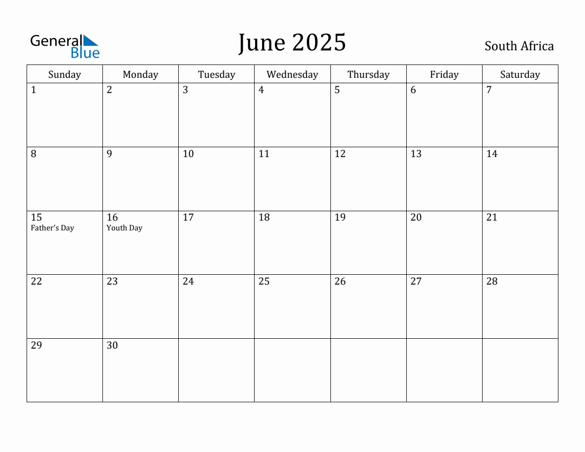 June 2025 monthly calendar with holidays in South Africa