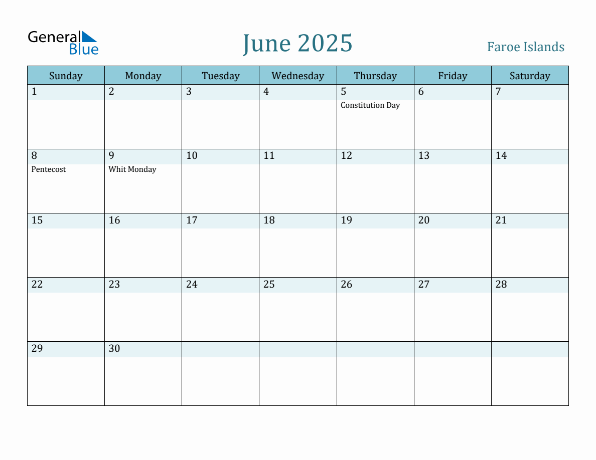 Faroe Islands Holiday Calendar for June 2025