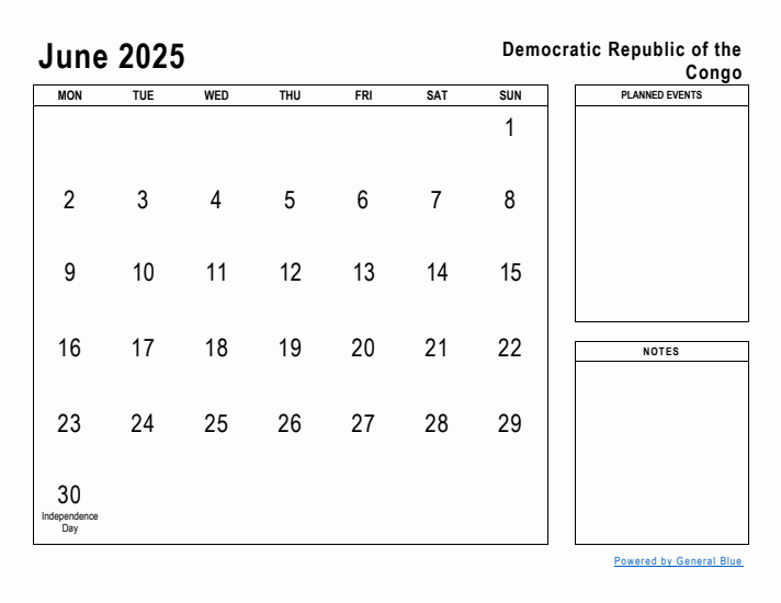 June 2025 Printable Monthly Calendar with Democratic Republic of the Congo Holidays
