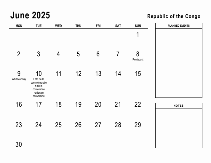 June 2025 Printable Monthly Calendar with Republic of the Congo Holidays