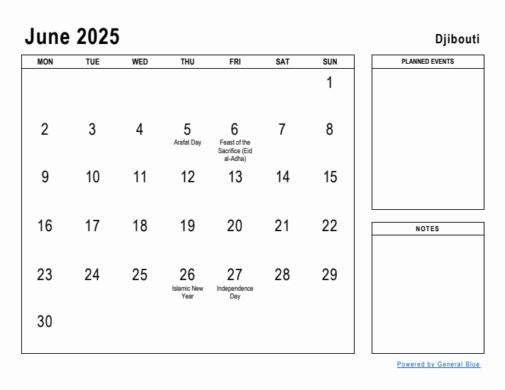 June 2025 Printable Monthly Calendar with Djibouti Holidays