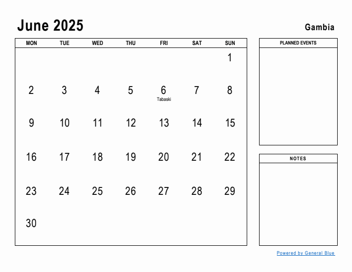 June 2025 Printable Monthly Calendar with Gambia Holidays