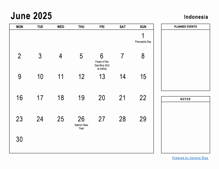 June 2025 Printable Monthly Calendar with Indonesia Holidays