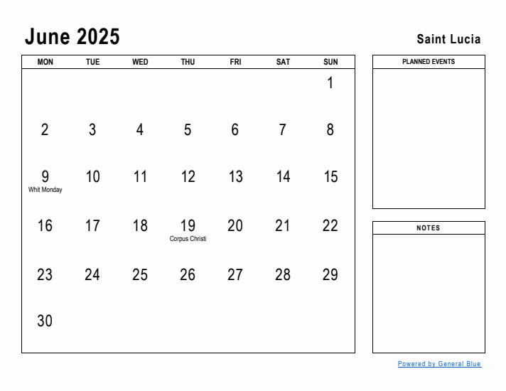 June 2025 Printable Monthly Calendar with Saint Lucia Holidays