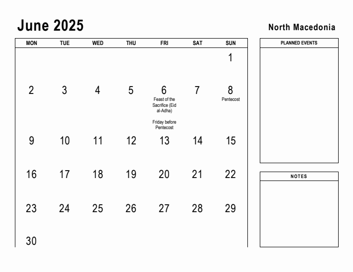 June 2025 Printable Monthly Calendar with North Macedonia Holidays