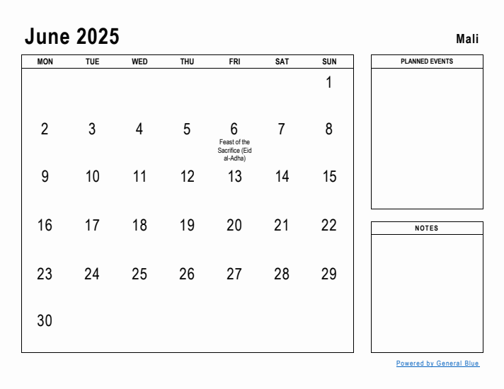 June 2025 Printable Monthly Calendar with Mali Holidays