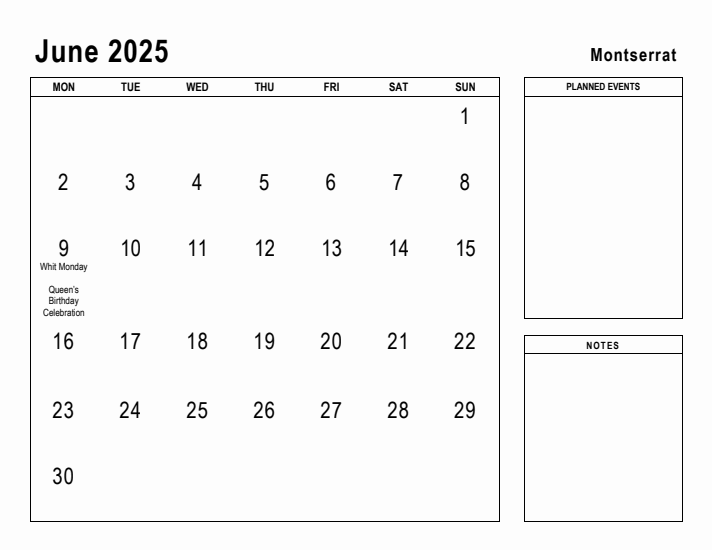 June 2025 Printable Monthly Calendar with Montserrat Holidays