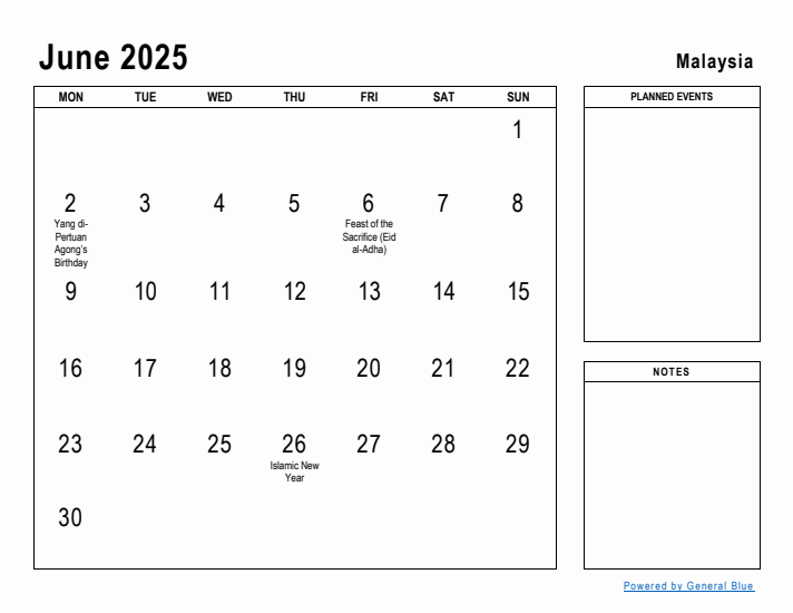June 2025 Printable Monthly Calendar with Malaysia Holidays