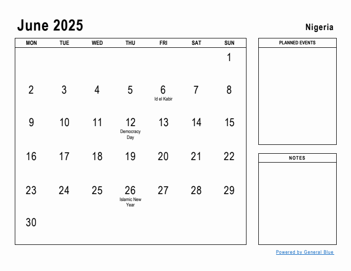 June 2025 Printable Monthly Calendar with Nigeria Holidays