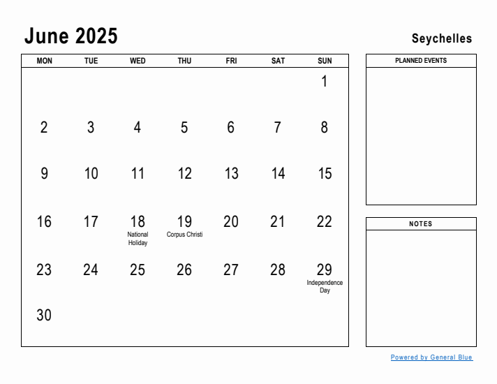 June 2025 Printable Monthly Calendar with Seychelles Holidays