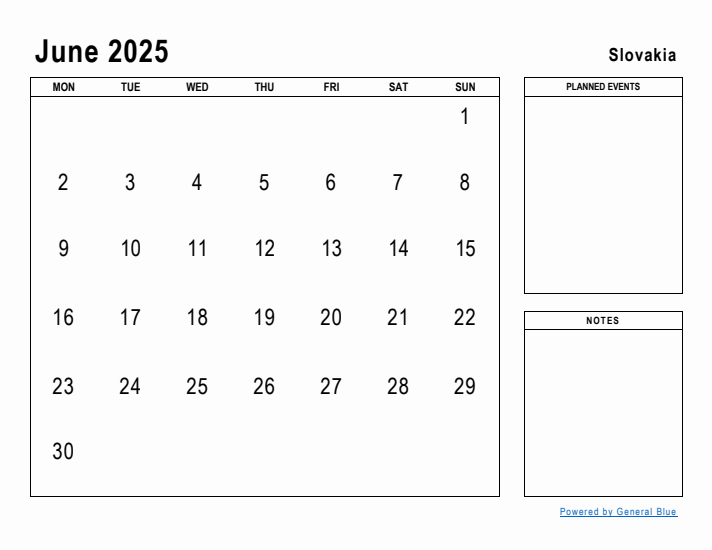June 2025 Printable Monthly Calendar with Slovakia Holidays