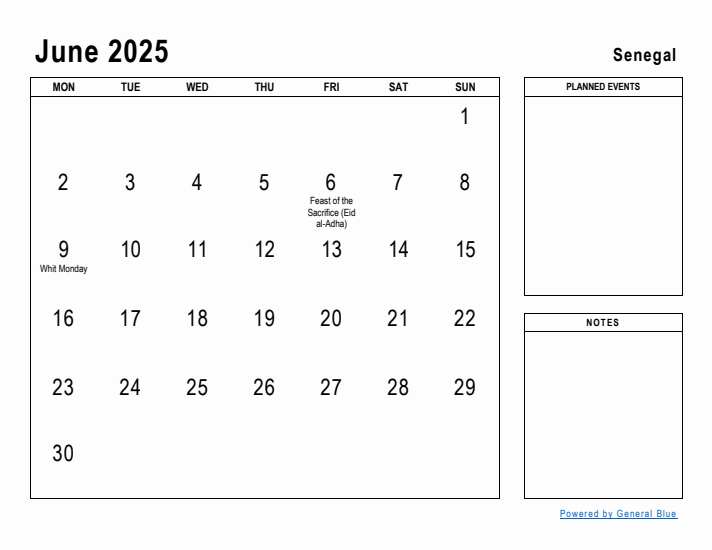 June 2025 Printable Monthly Calendar with Senegal Holidays