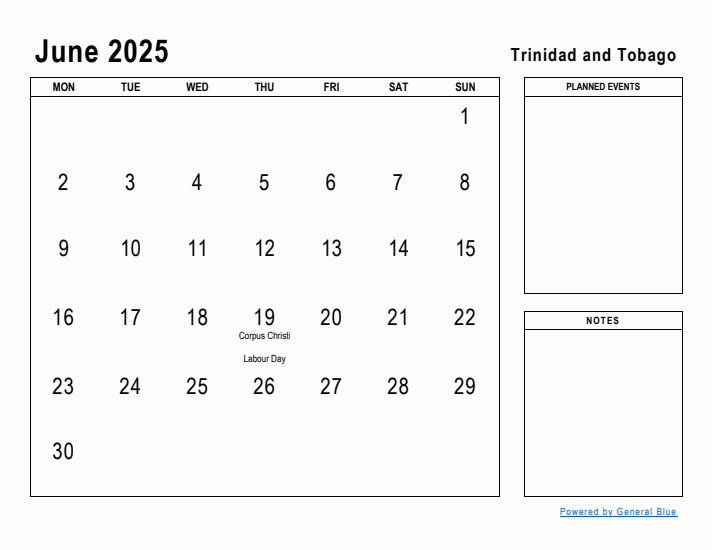 June 2025 Printable Monthly Calendar with Trinidad and Tobago Holidays