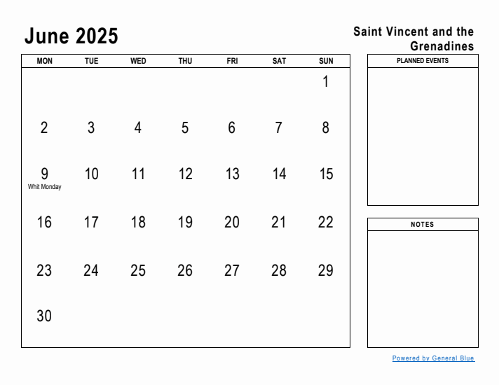 June 2025 Printable Monthly Calendar with Saint Vincent and the Grenadines Holidays