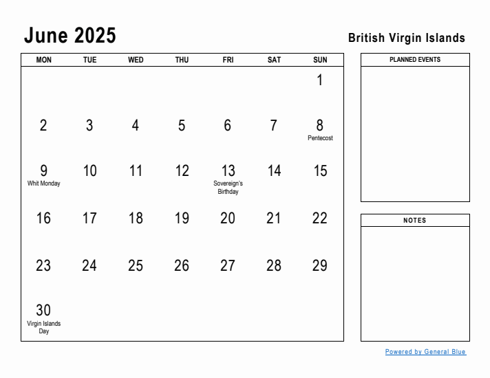 June 2025 Printable Monthly Calendar with British Virgin Islands Holidays