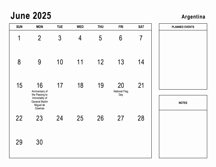 June 2025 Printable Monthly Calendar with Argentina Holidays