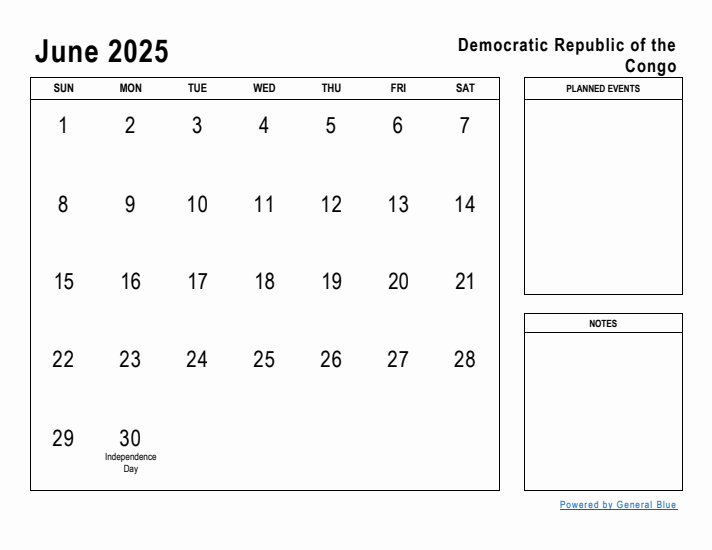 June 2025 Printable Monthly Calendar with Democratic Republic of the Congo Holidays