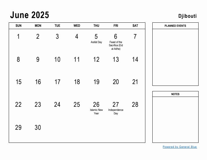 June 2025 Printable Monthly Calendar with Djibouti Holidays