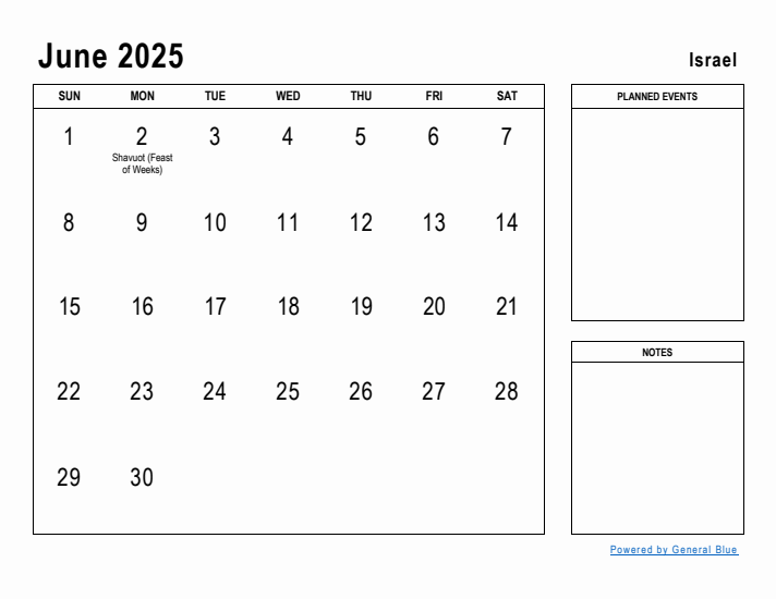 June 2025 Printable Monthly Calendar with Israel Holidays