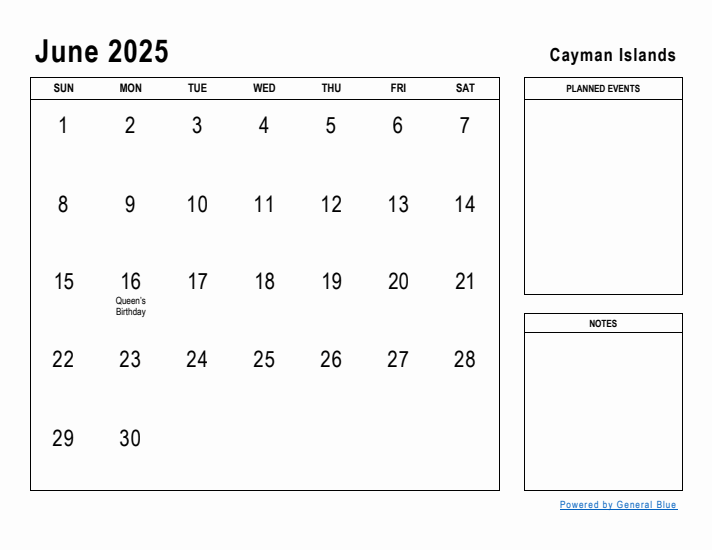 June 2025 Printable Monthly Calendar with Cayman Islands Holidays