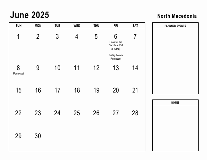 June 2025 Printable Monthly Calendar with North Macedonia Holidays